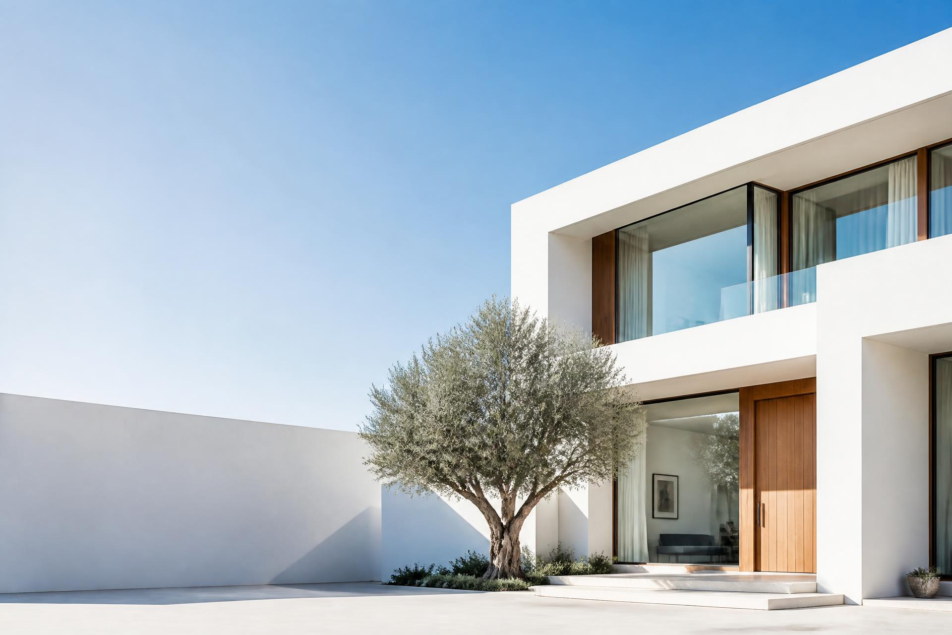 Sunlit modern California residence with white stucco walls, glass and an olive tree
