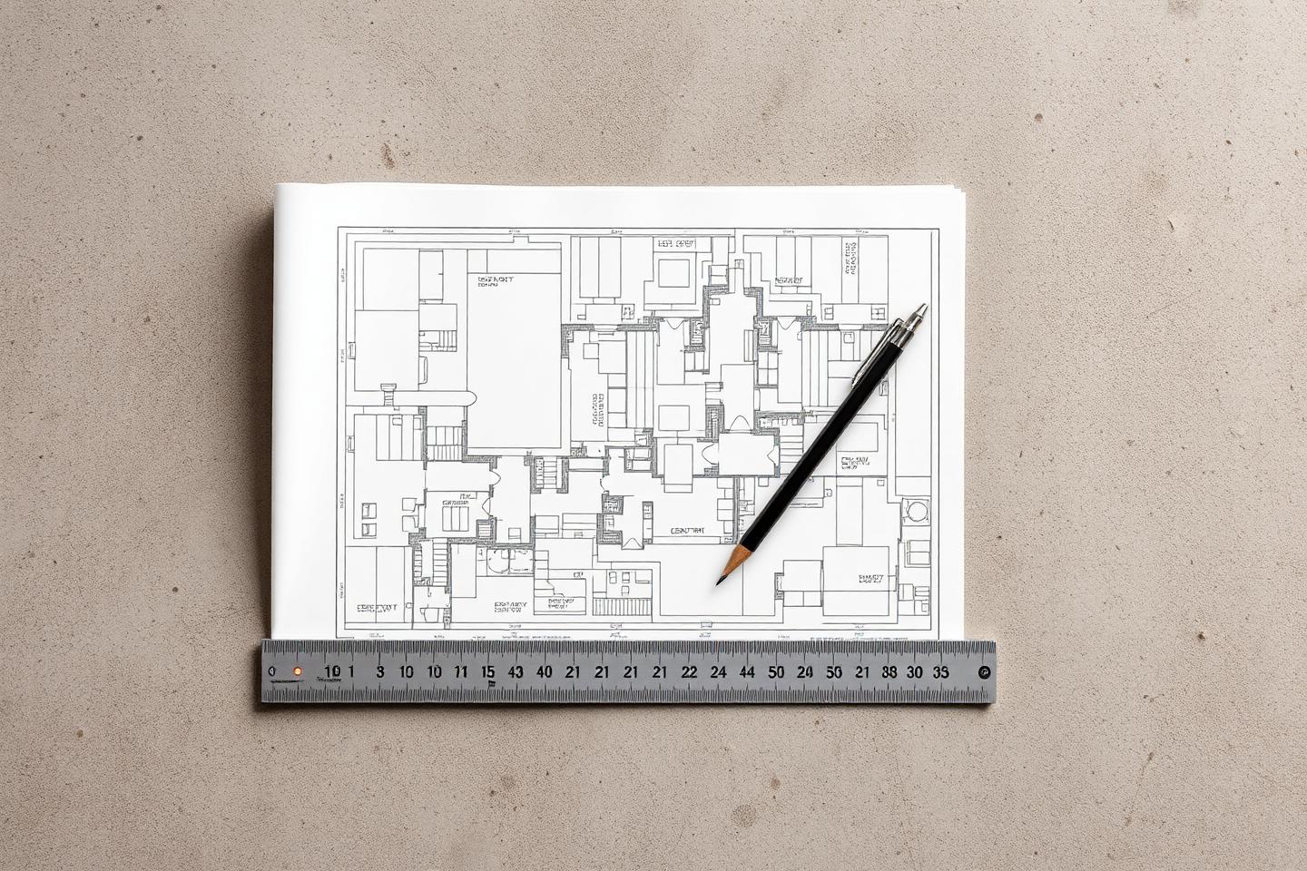 Construction plans and measuring tools laid out on a work surface