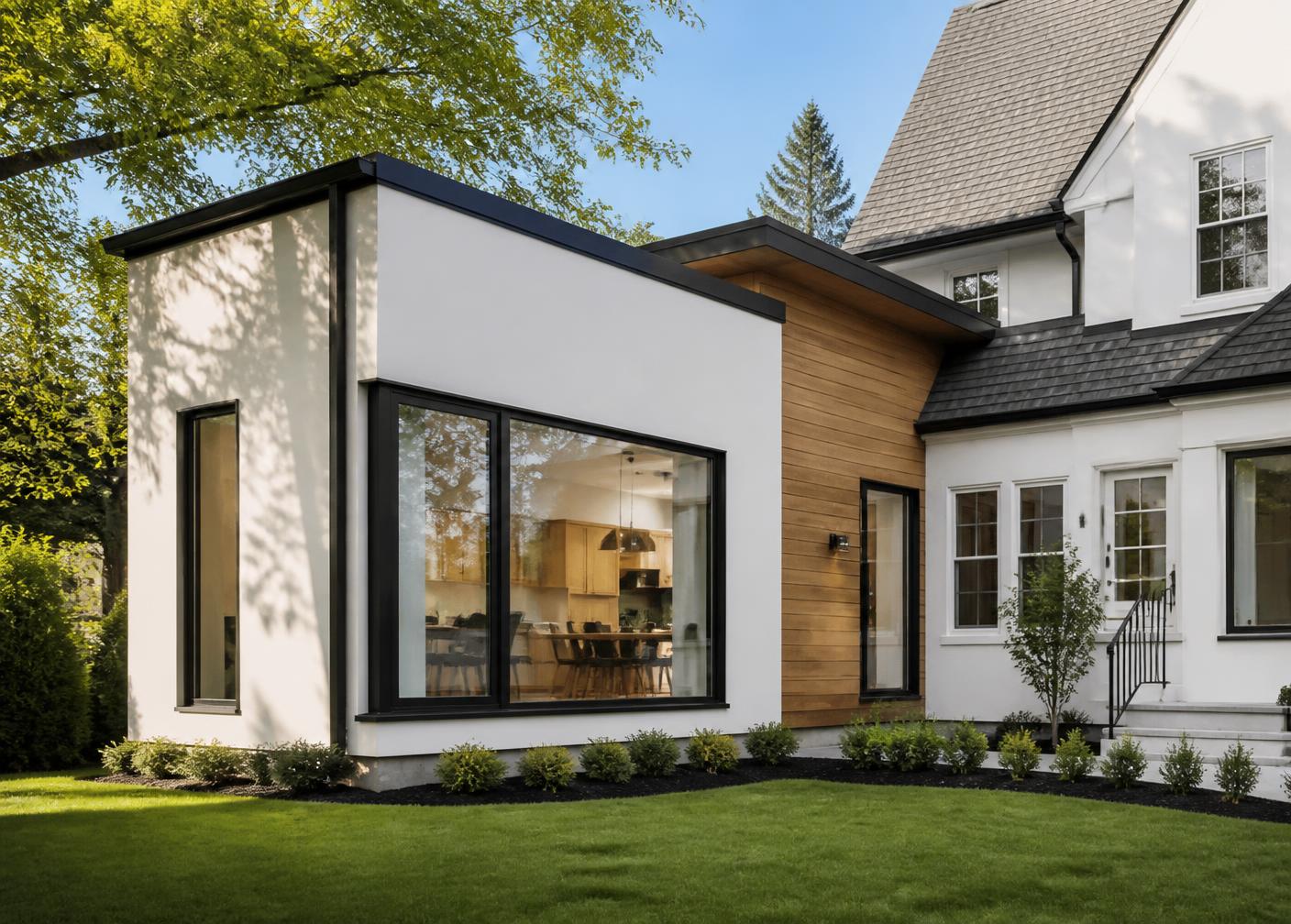 Modern home addition joined to an existing residence with wood and stucco cladding
