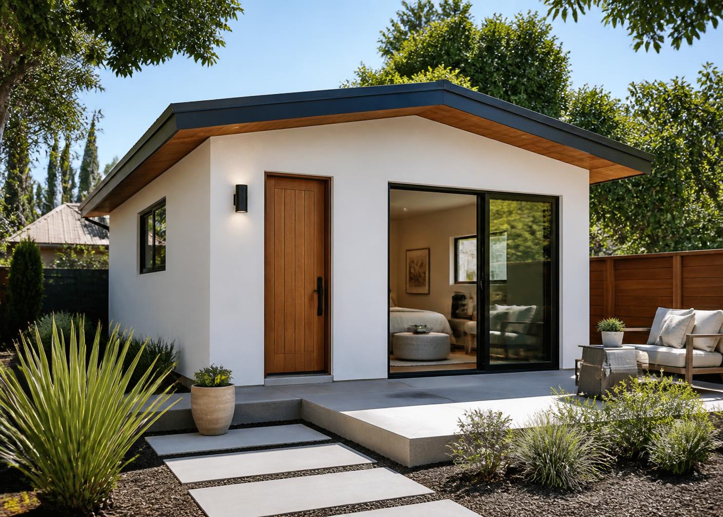 Detached modern ADU guest house with white stucco, wood door and patio