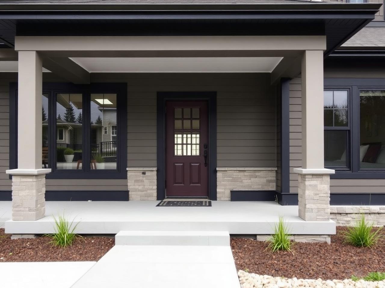 Exterior remodel with new siding, dark trim and stone veneer entry