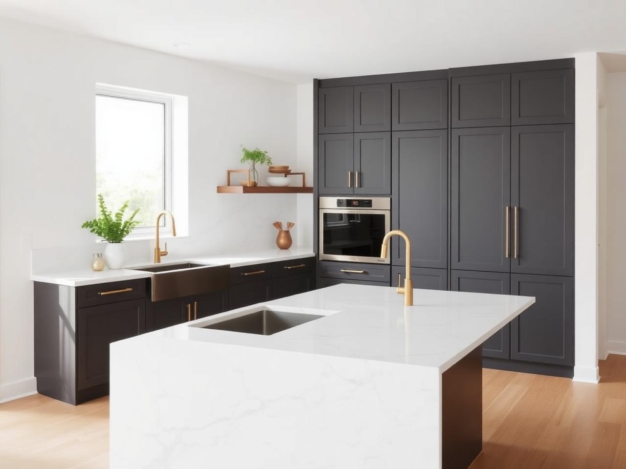 Premium modern kitchen remodel with quartz island and charcoal cabinetry