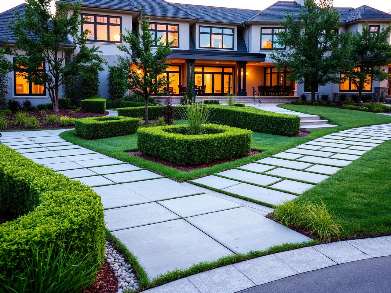 Manicured modern landscape with stone pavers and sculpted plantings